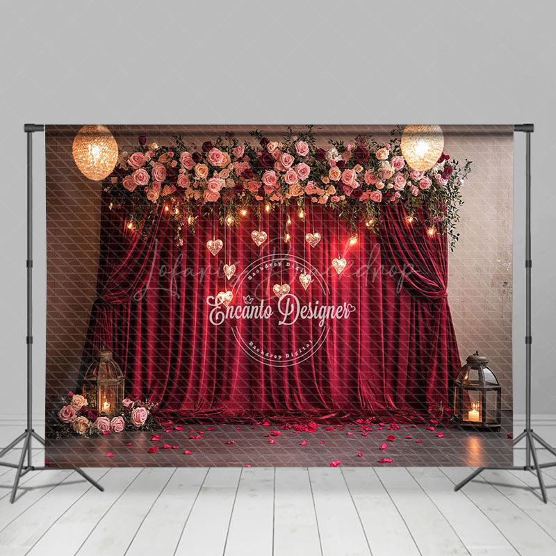 Lofaris Lighted Hearts Floral Red Curtain Romantic Backdrop