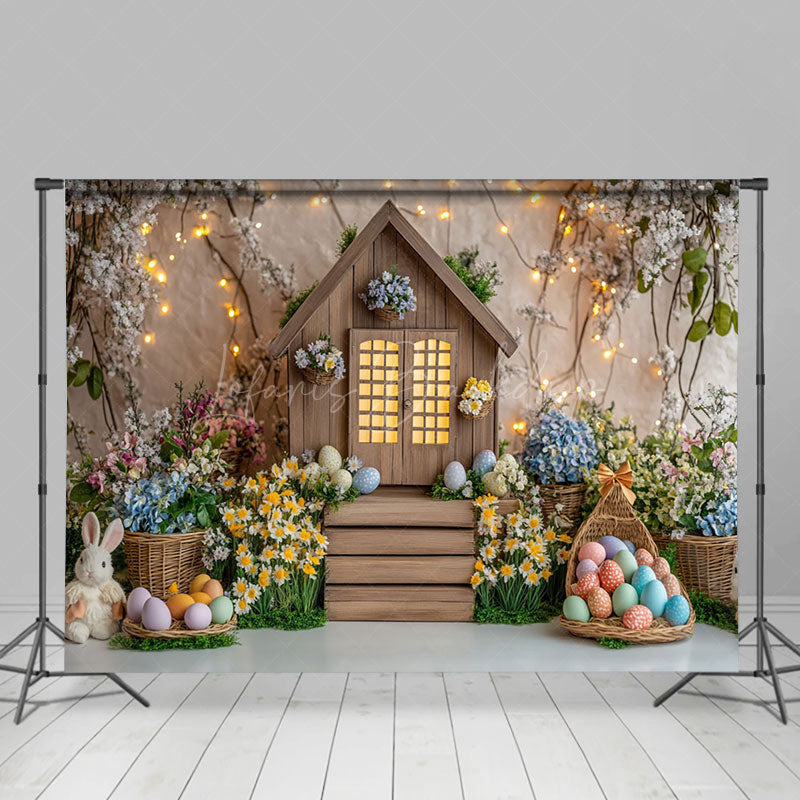 Lofaris Lighted Wood Cabin Colorful Floral Easter Backdrop