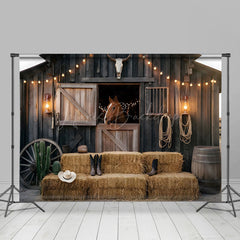 Lofaris Lighted Wooden Stable Hay Cowboy Cake Smash Backdrop