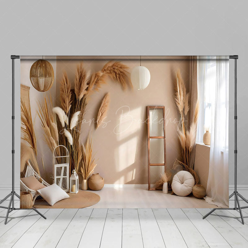 Lofaris Log Style Boho Pampas Grass Window Light Backdrop