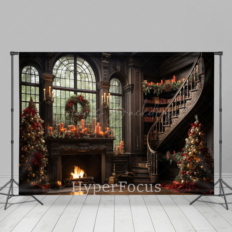 Lofaris Luxury Brown Fireplace Stairs Christmas Backdrop