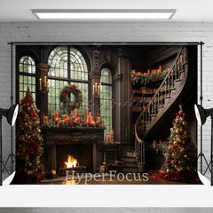 Lofaris Luxury Brown Fireplace Stairs Christmas Backdrop