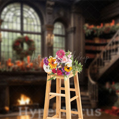 Lofaris Luxury Brown Fireplace Stairs Christmas Backdrop