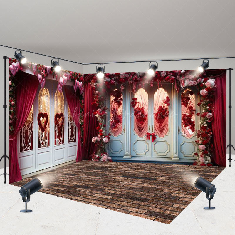 Lofaris Luxury Door Red Curtain Floral Room Set Backdrop