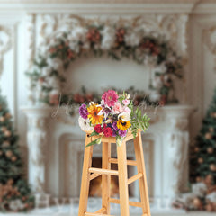 Lofaris Luxury Palace Fireplace Floral Christmas Backdrop