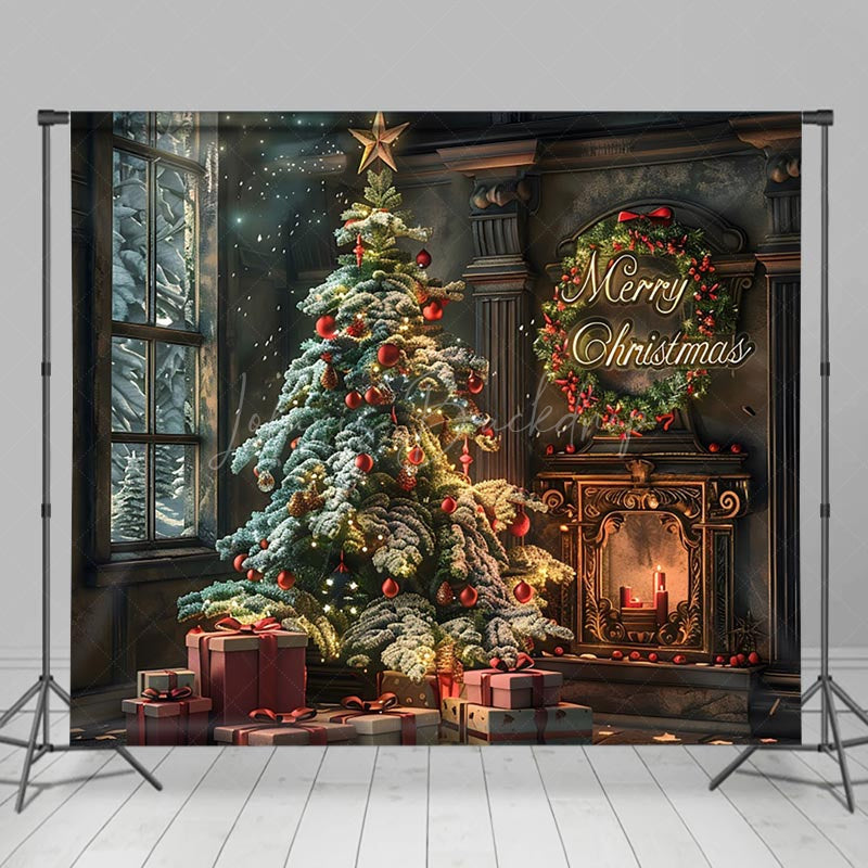 Lofaris Luxury Retro Fireplace Xmas Trees Christmas Backdrop