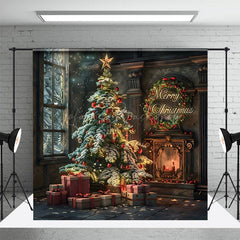 Lofaris Luxury Retro Fireplace Xmas Trees Christmas Backdrop