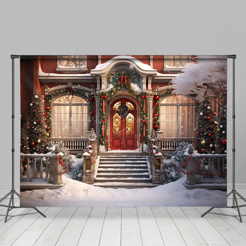 Lofaris Luxury Villa Snowy Window Door Steps Xmas Backdrop