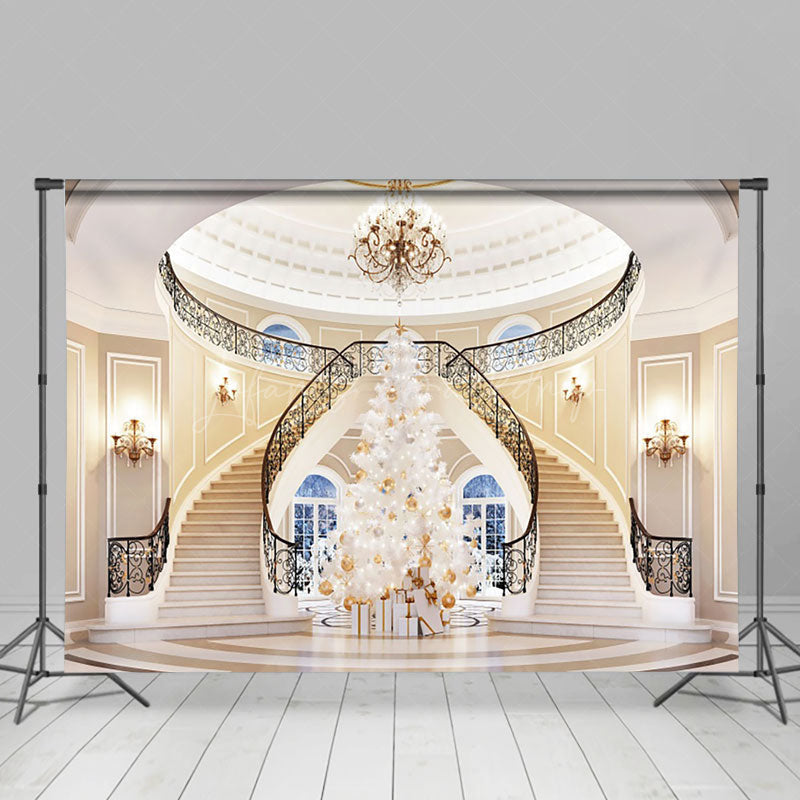 Lofaris Luxury Villa White Stairs Christmas Tree Backdrop