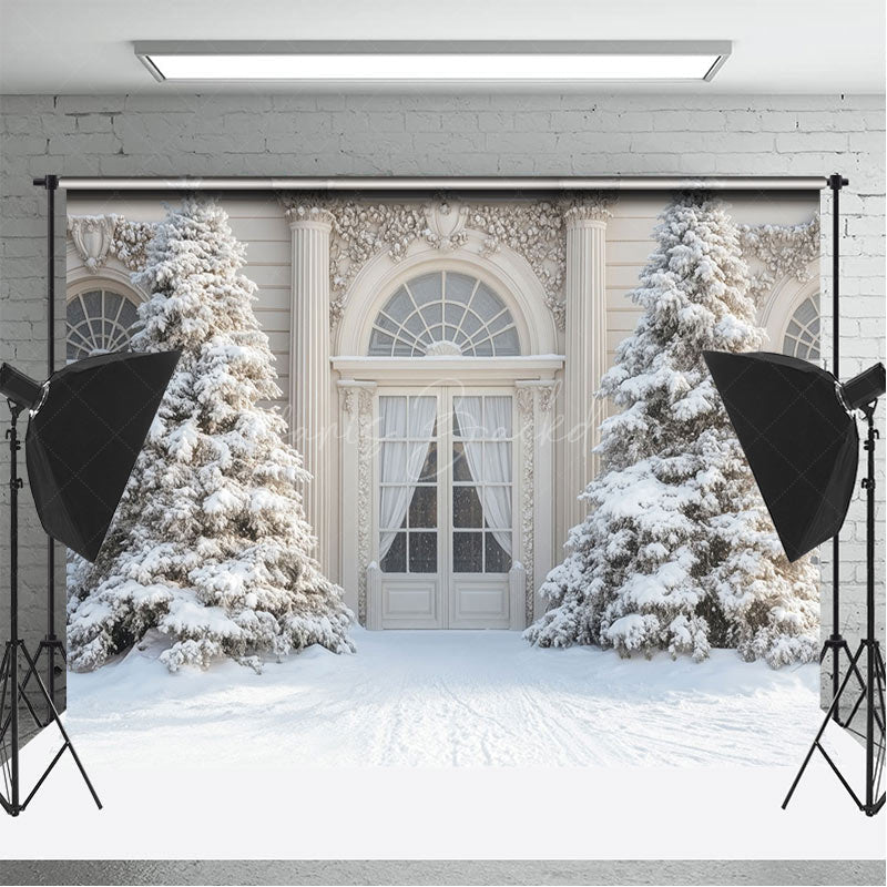 Lofaris Luxury White Door Pine Trees Winter Photo Backdrop