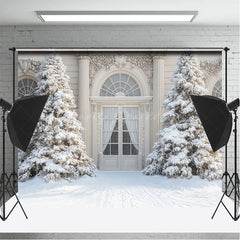 Lofaris Luxury White Door Pine Trees Winter Photo Backdrop