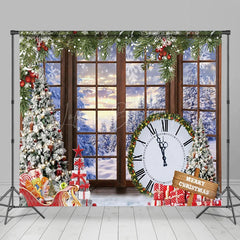 Lofaris Merry Christmas Window Snowy Clock Xmas Backdrop