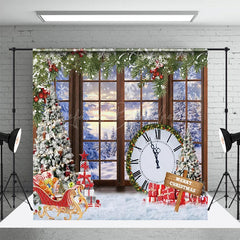 Lofaris Merry Christmas Window Snowy Clock Xmas Backdrop