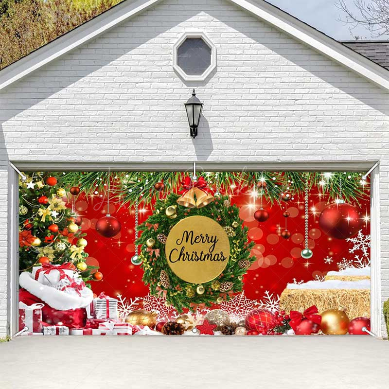 Lofaris Merry Christmas Wreath Tree Red Garage Door Banner