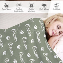 Lofaris Military Green White Paw Print Custom Name Blanket