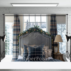 Lofaris Modern Blue Plaid Curtain Bedding Christmas Backdrop