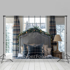 Lofaris Modern Blue Plaid Curtain Bedding Christmas Backdrop