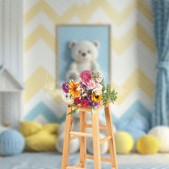 Lofaris Modern Blue Yellow House Bear Cake Smash Backdrop