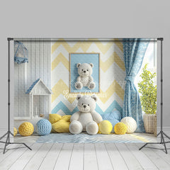 Lofaris Modern Blue Yellow House Bear Cake Smash Backdrop