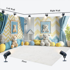 Lofaris Modern Blue Yellow Wall Teddy Bear Room Set Backdrop