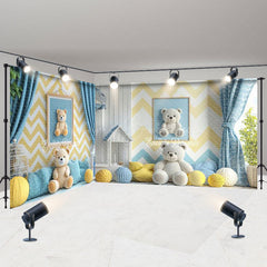 Lofaris Modern Blue Yellow Wall Teddy Bear Room Set Backdrop