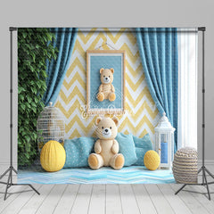 Lofaris Modern Blue Yellow Wall Teddy Bear Room Set Backdrop