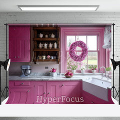 Lofaris Modern Pink Kitchen Wreath Window Photo Backdrop