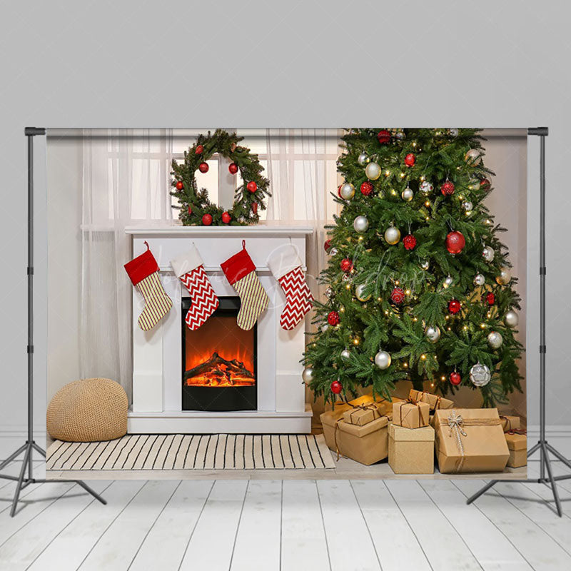 Lofaris Modern White Fireplace Wreath Tree Gift Xmas Backdrop