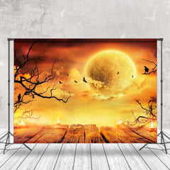 Lofaris Moon Night Bats Candlelit Wood Halloween Backdrop