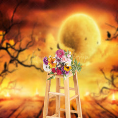 Lofaris Moon Night Bats Candlelit Wood Halloween Backdrop