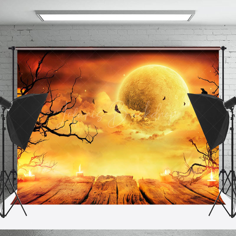 Lofaris Moon Night Bats Candlelit Wood Halloween Backdrop