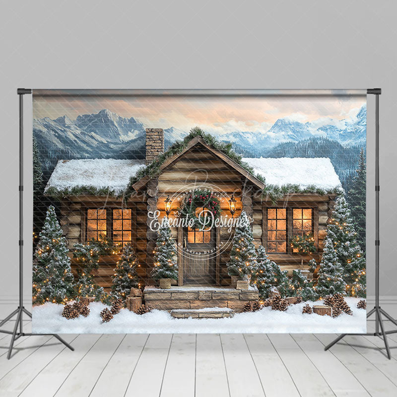 Lofaris Mountain-Foot Lighted Wood House Winter Backdrop