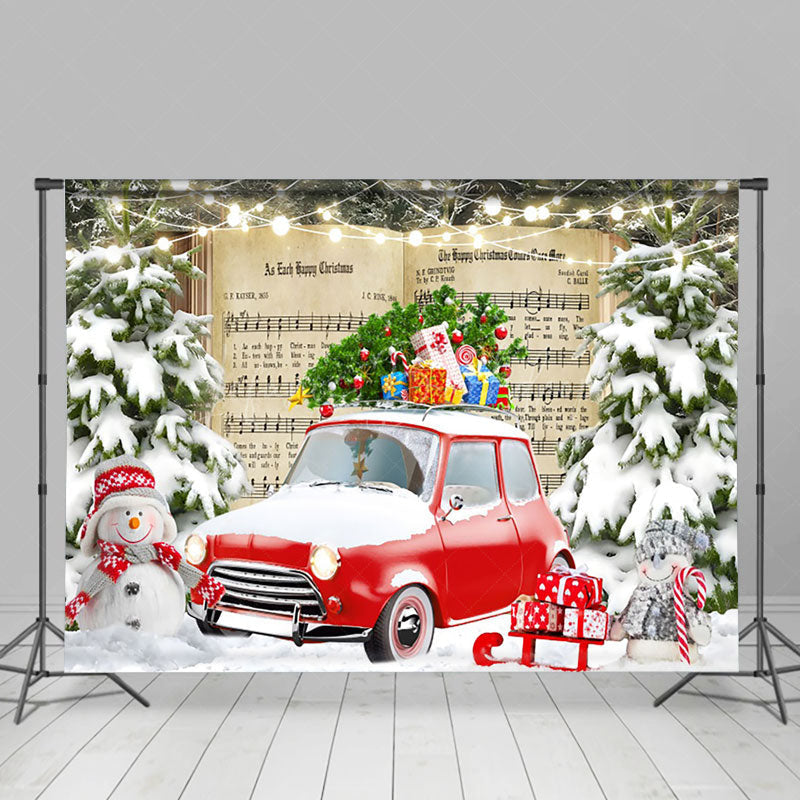 Lofaris Music Book Red Car Forest Winter Photo Backdrop