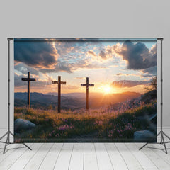 Lofaris Natural Sunset Sky Cloud Cross Field Easter Backdrop