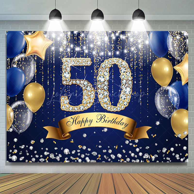 Lofaris Navy Blue Balloons Glitter 50Th Birthday Backdrop