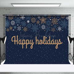 Lofaris Navy Blue Snowflake Gold Happy Holidays Backdrop