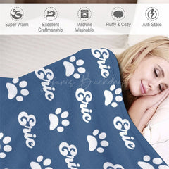 Lofaris Navy Blue White Paw Print Custom Name Pet Blanket