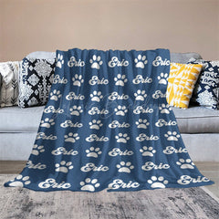 Lofaris Navy Blue White Paw Print Custom Name Pet Blanket