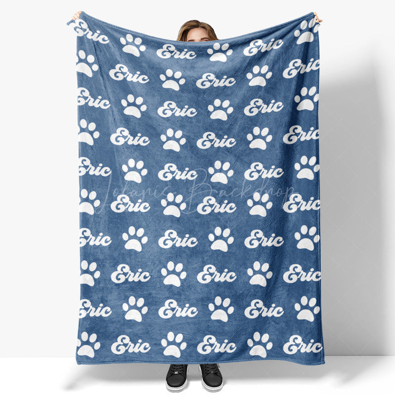 Lofaris Navy Blue White Paw Print Custom Name Pet Blanket