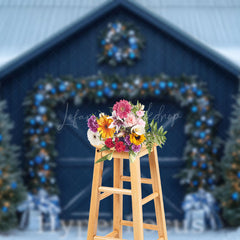 Lofaris Navy Blue Wood Door Festive Christmas Photo Backdrop