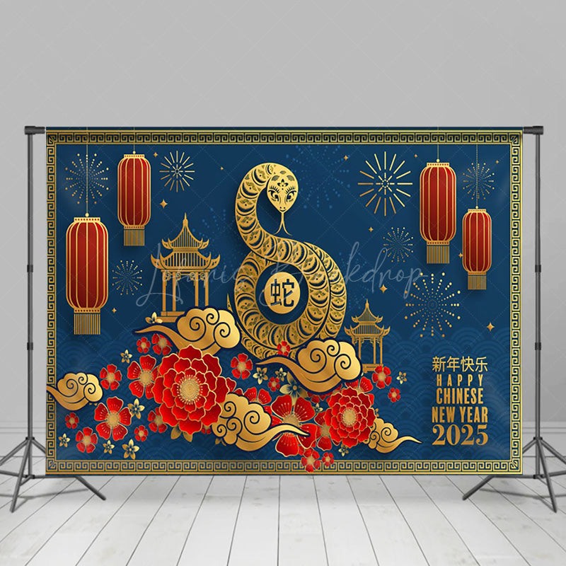 Lofaris Navy Blue Zodiac Snake Happy New Year 2025 Backdrop