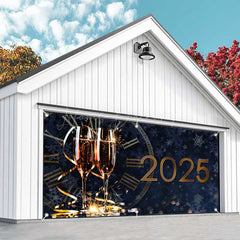 Lofaris Navy Clock Champagne 2025 New Year Garage Door Banner