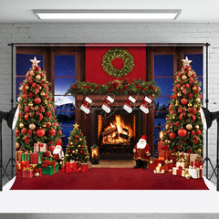 Lofaris Night Fireplace Xmas Trees Santa Christmas Backdrop