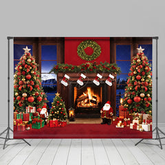 Lofaris Night Fireplace Xmas Trees Santa Christmas Backdrop