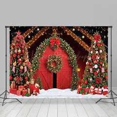 Lofaris Night Light Red Barn Arch Wreath Christmas Backdrop