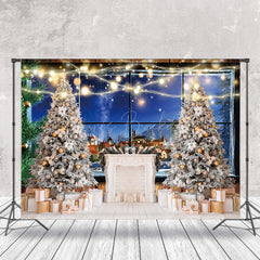 Lofaris Night Town Fireplace Tree Window Christmas Backdrop