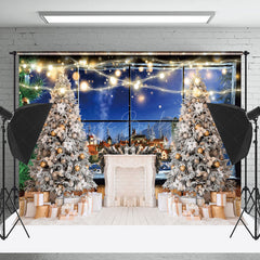 Lofaris Night Town Fireplace Tree Window Christmas Backdrop