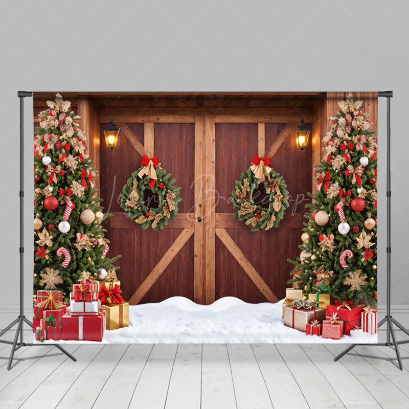 Lofaris Night Wooden Barn Door Xmas Tree Christmas Backdrop