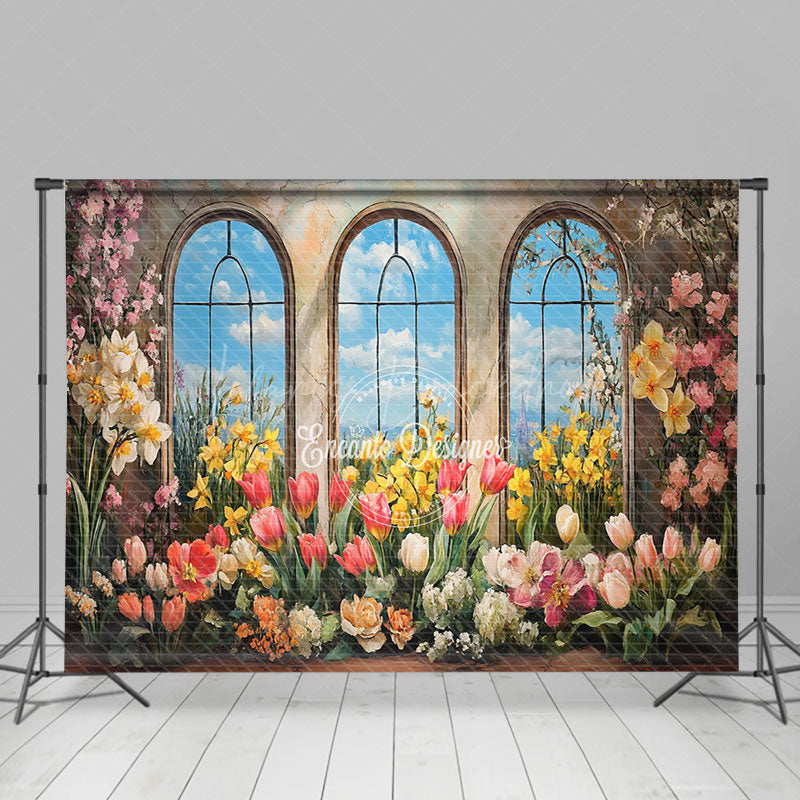 Lofaris Oil Painted Colorful Floral Blue Sky Window Backdrop