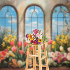 Lofaris Oil Painted Colorful Floral Blue Sky Window Backdrop